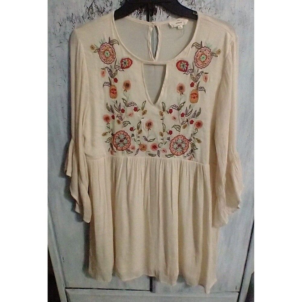 Entro Anthropologie Embroidered Flared Dress Lrg Cream Boho Cottagecore Hippie